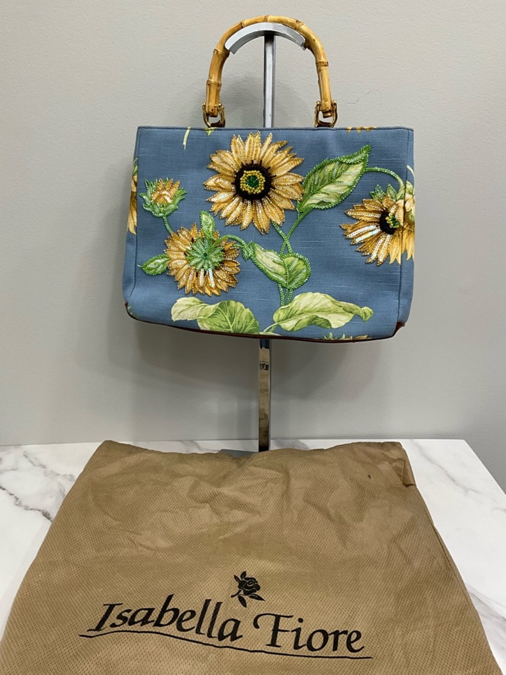 ISABELLA FIORE Blue Sunflower Embroidered Tote Bamboo Handle Floral Bag